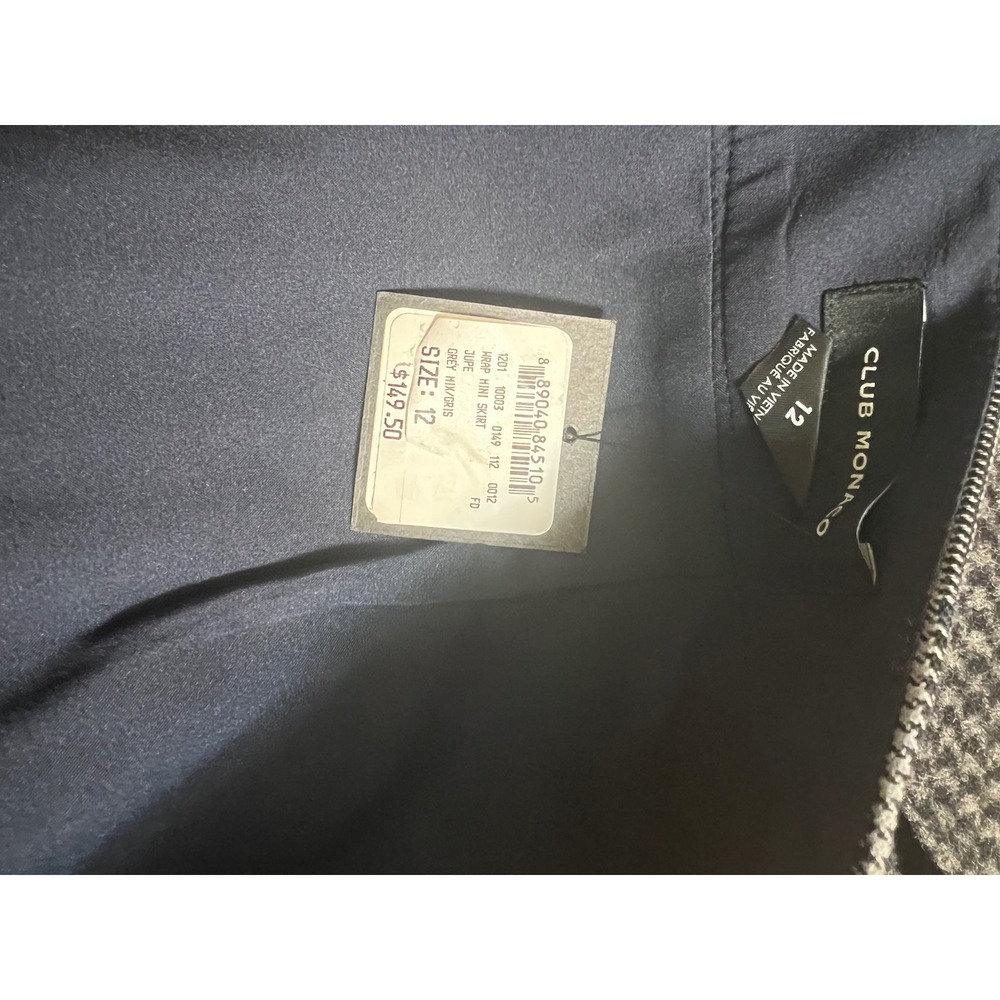 Club Monaco Grey Blue Glen Plaid Buckle Wrap Mini Skirt Asymmetrical Hem Size 12 - Picture 10 of 11